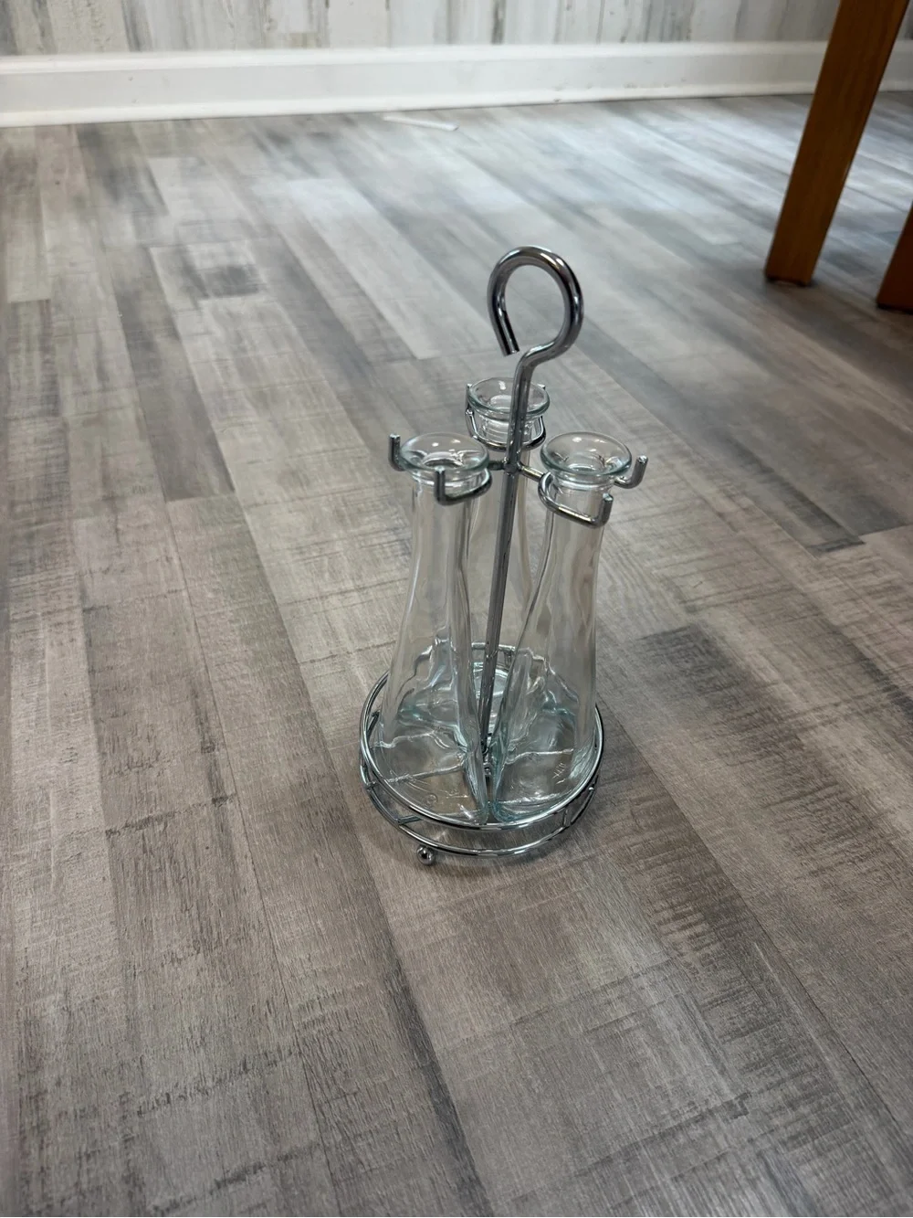 IKEA 3 Glass Oil Vinegar Cruet Bottles with Chrome Metal Caddy Condiment Set